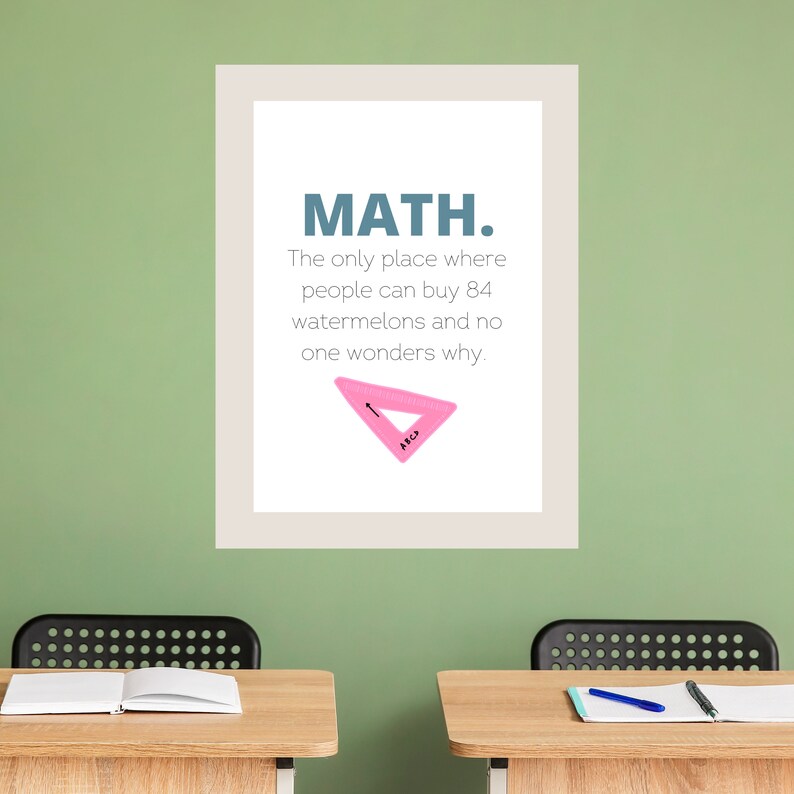Pu&ograve; includere: Un poster stampabile con sfondo bianco e testo blu e bianco che recita "MATH. L'unico posto dove le persone possono acquistare 84 angurie e nessuno si chiede perch&eacute;." Un goniometro rosa &egrave; mostrato sotto il testo.