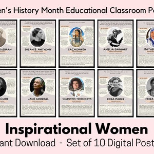 10 Educational Women's History Posters, Social Studies, Female Historical Figures, Posters for Women History Month, Classroom Printable Art