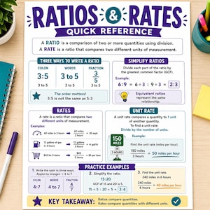 May include: A white educational poster titled Ratios & Rates Quick Reference with purple and blue text. It explains ratios and rates with examples, including unit rates, simplifying ratios, and practice problems with math equations and icons.