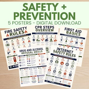Puede incluir: Un conjunto de cinco pósteres digitales titulados Safety + Prevention, que incluyen gráficos y texto instructivo sobre normas de seguridad contra incendios, pasos de RCP, primeros auxilios, rechazo de drogas y alcohol y seguridad en Internet.