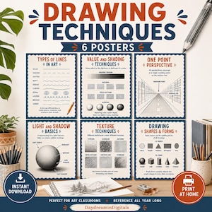 May include: A set of six educational posters titled Drawing Techniques, featuring instructional diagrams on lines, shading, perspective, light, texture, and shapes. The posters use a colour palette of dark blue and burnt orange on a cream background.