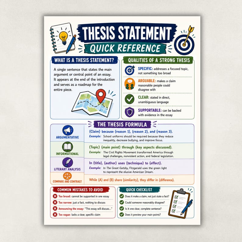 May include: An educational poster titled Thesis Statement Quick Reference. It features sections on defining a thesis, qualities of a strong thesis, a thesis formula for various essay types, common mistakes to avoid, and a quick checklist for students.