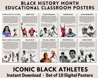 10 pôsteres educativos sobre a história negra no esporte, estudos sociais, pôsteres para o Mês da História Negra, arte imprimível para sala de aula.