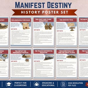 Op de afbeelding: Een set van 10 geschiedenisposters getiteld "Manifest Destiny". Elke poster toont een ander historisch evenement, waaronder de Louisiana Purchase en de Oregon Trail. De posters hebben een vintage ontwerp met illustraties en belangrijke feiten.