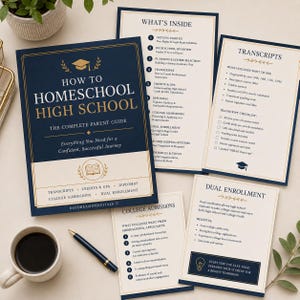 May include: A dark blue and cream guide titled How to Homeschool High School, accompanied by several informational cards detailing transcripts, dual enrollment, and college admissions, with a black pen and a coffee mug nearby.
