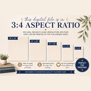 Pode incluir: Um guia de arquivo digital exibindo uma propor&ccedil;&atilde;o de 3:4 com cinco molduras retangulares rotuladas como 18x24, 15x20, 12x16, 9x12 e 6x8 polegadas. O gr&aacute;fico inclui texto detalhando arquivos JPG de alta resolu&ccedil;&atilde;o e instru&ccedil;&otilde;es.