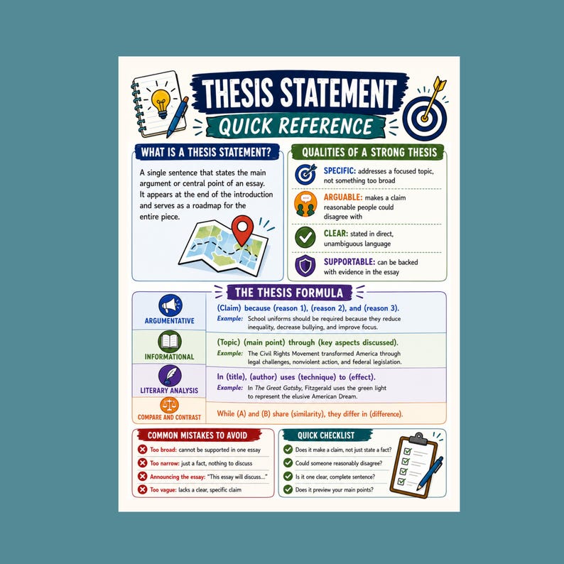 May include: An educational poster titled Thesis Statement Quick Reference. It features sections on defining a thesis, qualities of a strong thesis, the thesis formula for various essay types, common mistakes to avoid, and a quick checklist for students.