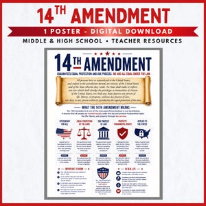 May include: A digital poster titled 14th Amendment featuring a scroll graphic with text about equal protection and due process. It includes sections on citizenship, laws, and fundamental rights with red, white, and blue patriotic colour schemes.