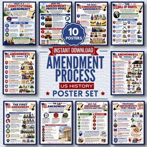 Può includere: Un set di 10 poster di storia degli Stati Uniti sul processo di emendamento, il Bill of Rights e gli emendamenti costituzionali. I poster didattici includono testo, illustrazioni del Campidoglio, bandiere e figure storiche in rosso, bianco e blu.