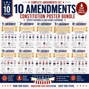 May include: A digital download bundle of 10 posters detailing the U.S. Constitution Amendments. Each poster features a scroll graphic, descriptive text, and icons explaining the 1st, 2nd, 4th, 5th, 8th, 13th, 14th, 15th, 19th, and 26th Amendments in red, white, and blue.