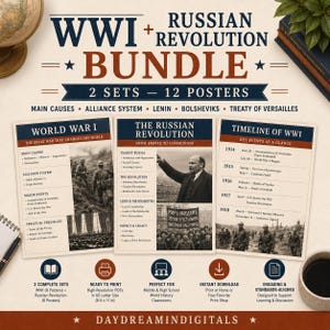 May include: A WWI and Russian Revolution educational bundle featuring 12 posters across 2 sets. The posters include historical timelines, key events, and figures like Lenin, with text detailing the Great War and the transition from empire to communism.
