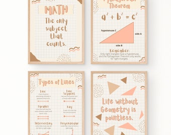 Conjunto de 4 pôsteres educativos de matemática, geometria, teorema de Pitágoras, ensino fundamental II, pôster de aprendizagem, arte imprimível para sala de aula, download instantâneo