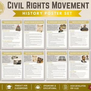 Op de afbeelding: Een set van 12 geschiedenisposters over de Burgerrechtenbeweging. De posters hebben een crèmekleurige achtergrond met zwarte tekst en afbeeldingen. De titel "Civil Rights Movement" staat bovenaan, met de woorden "History Poster Set" eronder. De posters tonen belangrijke gebeurtenissen en figuren.