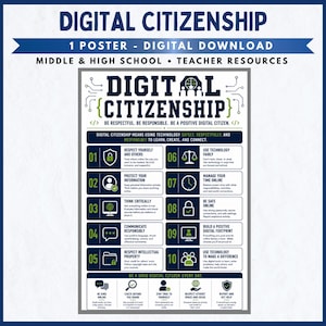 May include: A digital download poster titled Digital Citizenship for middle and high school classrooms. The poster features ten numbered points in dark blue and green, outlining guidelines for safe, respectful, and responsible online behavior.