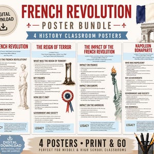 May include: A digital download poster bundle about the French Revolution. The posters cover topics like the Reign of Terror, Napoleon Bonaparte, and the impact on France, Europe, and the Americas. Includes key events, figures, and legacy.