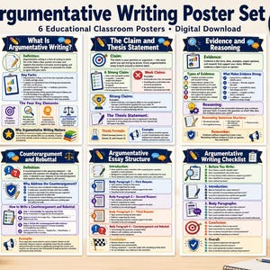 May include: A set of six educational posters titled Argumentative Writing Poster Set, featuring text and icons explaining writing concepts like claims, thesis statements, evidence, reasoning, counterarguments, and essay structure for classroom use.