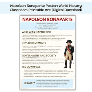 May include: A digital download poster about Napoleon Bonaparte, a historical figure. The poster includes text about his life, achievements, and downfall, along with an illustration of Napoleon in uniform. The poster is designed for classroom use.