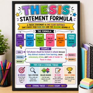May include: A framed educational poster titled Thesis Statement Formula with colorful text and graphics. It outlines a formula for writing a thesis statement, provides a concrete example, and lists tips for creating a strong, clear, and specific sentence.
