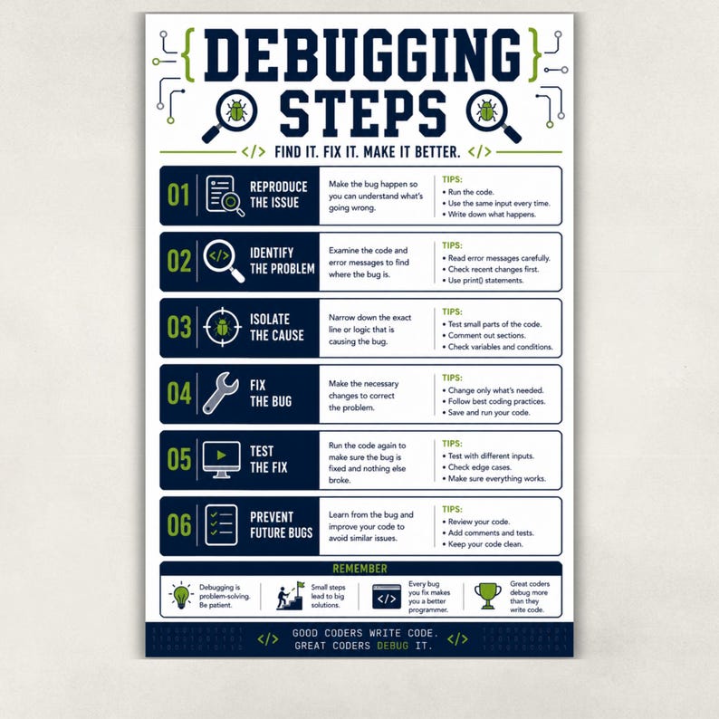 Pode incluir: Um cartaz branco intitulado DEBUGGING STEPS com texto e &iacute;cones em azul escuro e verde. Descreve seis passos numerados para a depura&ccedil;&atilde;o de software, incluindo &iacute;cones como lupas, uma chave inglesa e um ecr&atilde;, al&eacute;m de uma sec&ccedil;&atilde;o REMEMBER abaixo.