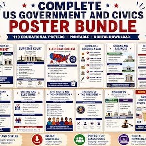 Op de afbeelding: Een digitale set van 110 educatieve posters getiteld Complete US Government and Civics Poster Bundle. De posters bevatten tekst en afbeeldingen over onderwerpen zoals de drie takken van de overheid, het Hooggerechtshof en het kiescollege.
