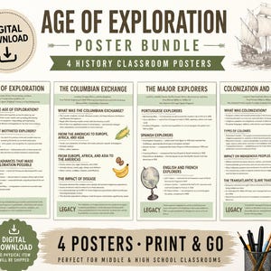 May include: A digital download poster bundle titled "Age of Exploration," featuring four history classroom posters. The posters cover topics like the Columbian Exchange, major explorers, and colonization. Includes illustrations of a ship, compass, and globe.