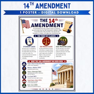 May include: An educational poster titled The 14th Amendment featuring an American flag, a scroll, and a quill. It details the Citizenship, Due Process, and Equal Protection clauses, and lists historical Supreme Court cases like Brown v Board of Education.