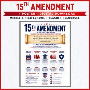 May include: A digital educational poster titled 15th Amendment, featuring a central parchment scroll with text, five infographic columns with icons, and sections titled Important to Know and In Real Life, all in a red, white, and blue colour scheme.