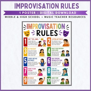 Poster met improvisatieregels | Decoratie voor dramalessen | Improvisatie ja | Printbare poster voor middelbare schooltheater