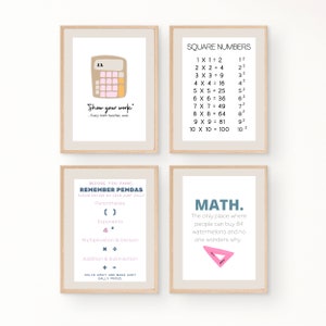 Conjunto de 4 carteles educativos de matemáticas, fracciones, PEMDAS, escuela secundaria, cartel de aprendizaje, sala de niños, arte imprimible en el aula, descarga instantánea