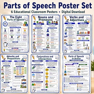 Può includere: Un set di sei poster educativi intitolato Parts of Speech Poster Set, che presenta grafici su sostantivi, pronomi, verbi, aggettivi, avverbi, preposizioni, congiunzioni e interiezioni con icone colorate, testo ed esempi per l'apprendimento.