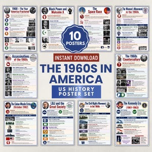Op de afbeelding: Een set van tien educatieve posters getiteld The 1960s in America, met historische informatie over onderwerpen zoals de Space Race, de burgerrechtenbeweging, het Kennedy-tijdperk en de Cubacrisis, voorzien van tekst, iconen en zwart-witfoto's.