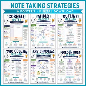 May include: A set of six educational posters titled Note Taking Strategies, featuring digital downloads for Cornell Notes, Mind Mapping, Outline Method, Two Column Method, Sketchnoting, and The Golden Rule of Notes with colorful text and icons.