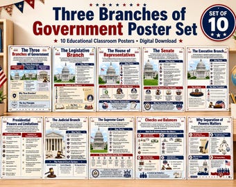 Three Branches of Government Poster Set 10 US History Civics Classroom Posters Middle High School Teacher Resources Digital Download