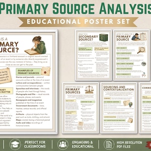 May include: A set of six educational posters titled "Primary Source Analysis". The posters are white with green and brown text and illustrations. Topics include "What is a Primary Source?" and "How to Analyze a Primary Source?"