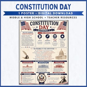 May include: A digital poster for Constitution Day featuring the text Constitution Day September 17, The Constitution at a Glance, The Preamble to the Constitution, and The Three Branches of Government. Includes illustrations of American flags, a quill, the Capitol building, and George Washington.