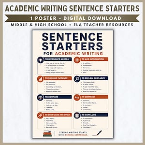 May include: An educational poster titled Sentence Starters for Academic Writing. It features eight categorized sections with phrases for introducing ideas, adding information, providing evidence, clarifying, comparing, contrasting, cause and effect, and concluding.