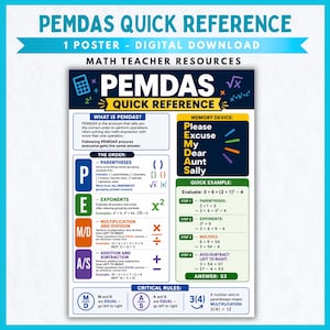 Pode incluir: Um cartaz educativo de referência rápida PEMDAS com um cabeçalho azul escuro com um ícone de calculadora, uma secção central que explica a ordem das operações, um dispositivo de memória e um exemplo matemático passo a passo.