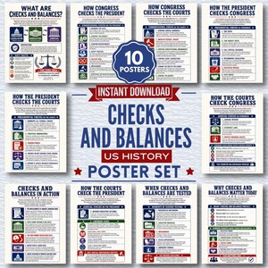 Op de afbeelding: Een set van tien Amerikaanse geschiedenisposters getiteld Checks and Balances, met educatieve teksten en iconen die de wetgevende, uitvoerende en rechterlijke macht uitleggen, inclusief diagrammen en gedetailleerde lijsten van interacties.