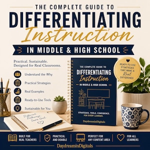 Pode incluir: Um livro de espiral intitulado The Complete Guide to Differentiating Instruction in Middle & High School com capa azul escura e desenho linear dourado de uma sala de aula. O livro está ao lado de um caderno, uma caneta e uma caneca estampada.