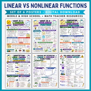 May include: A set of six educational posters titled Linear vs Nonlinear Functions, featuring math definitions, graphs, tables, and equations. The posters include colorful diagrams, text explanations, and examples for middle and high school students.