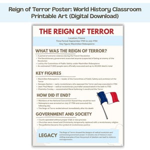 May include: A digital download poster titled "Reign of Terror" for a world history classroom. The poster includes text about the French Revolution, key figures, and the end of the Reign of Terror. A French flag is also displayed.
