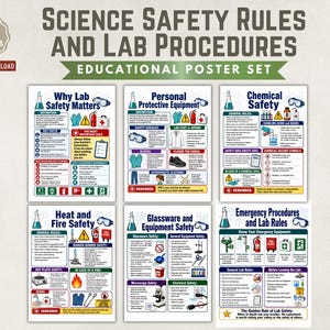 May include: A set of six educational posters titled Science Safety Rules and Lab Procedures. Each poster features colorful icons, text, and diagrams covering topics like personal protective equipment, chemical safety, and emergency lab rules.