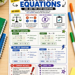 May include: An educational poster titled Linear Equations One and Two Step Equations. It features sections on key ideas, balance, inverse operations, solving for variables, and checking answers, with examples, common mistakes, and quick tips included.