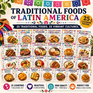 Può includere: Un set di 25 poster educativi per l'aula intitolati Traditional Foods of Latin America, con illustrazioni colorate di piatti come tacos, ceviche e feijoada. Ogni poster mostra il nome del piatto, il paese di origine e un testo descrittivo.