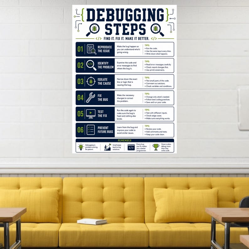 Pode incluir: Um cartaz educativo vertical intitulado DEBUGGING STEPS com um esquema de cores azul-escuro e verde. Lista seis passos numerados para a depura&ccedil;&atilde;o de software, cada um com um &iacute;cone, descri&ccedil;&atilde;o e dicas, al&eacute;m de uma sec&ccedil;&atilde;o REMEMBER na parte inferior.