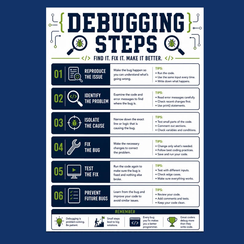 Pode incluir: Um cartaz informativo branco intitulado DEBUGGING STEPS com texto e &iacute;cones em azul escuro e verde. Descreve seis passos numerados para a depura&ccedil;&atilde;o de software, incluindo &iacute;cones para cada passo, texto descritivo e uma sec&ccedil;&atilde;o inferior chamada REMEMBER.