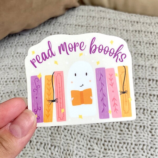 Ghost and Books Sticker, Read More Books Sticker, Halloween Books Sticker, Ghost Reading Sticker, Boo Sticker, Summerween Sticker