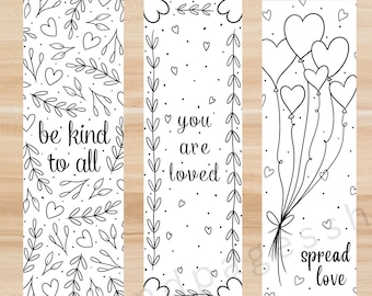 Printable Love Coloring Bookmarks for Kids and Adults, Kindness Coloring Bookmarks, Valentine’s Day Bookmarks, Love Bookmarks to Color