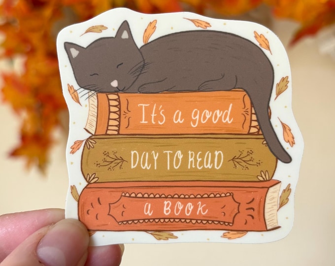 Fall Cat on a Bookstack Sticker