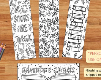 May include: Printable bookmark designs featuring a stack of books, a leafy pattern, and the text "Books are magic" and "Adventure awaits".